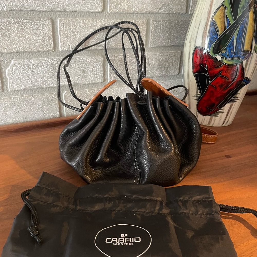 Born Free Cabrio Black Leather Drawstring Crossbody Bag